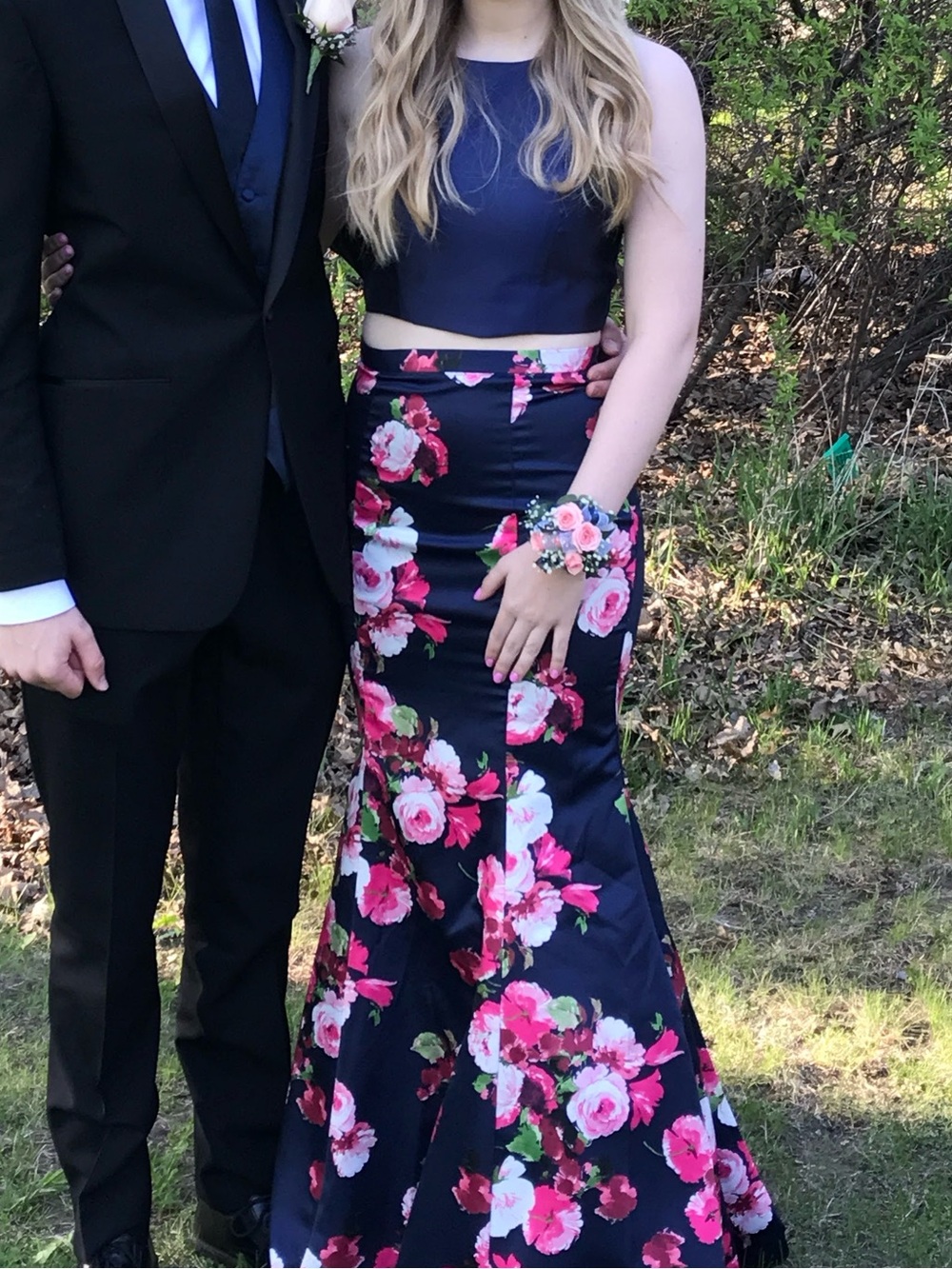 Xscape Prom Navy Top and Maxi Skirt with Pink Floral Print